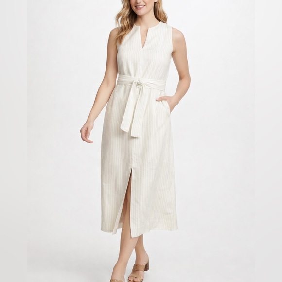 Vince Dresses & Skirts - Vince Pinstripe Linen Blend Midi Dress Self Belt Pockets Slit Front Size 14